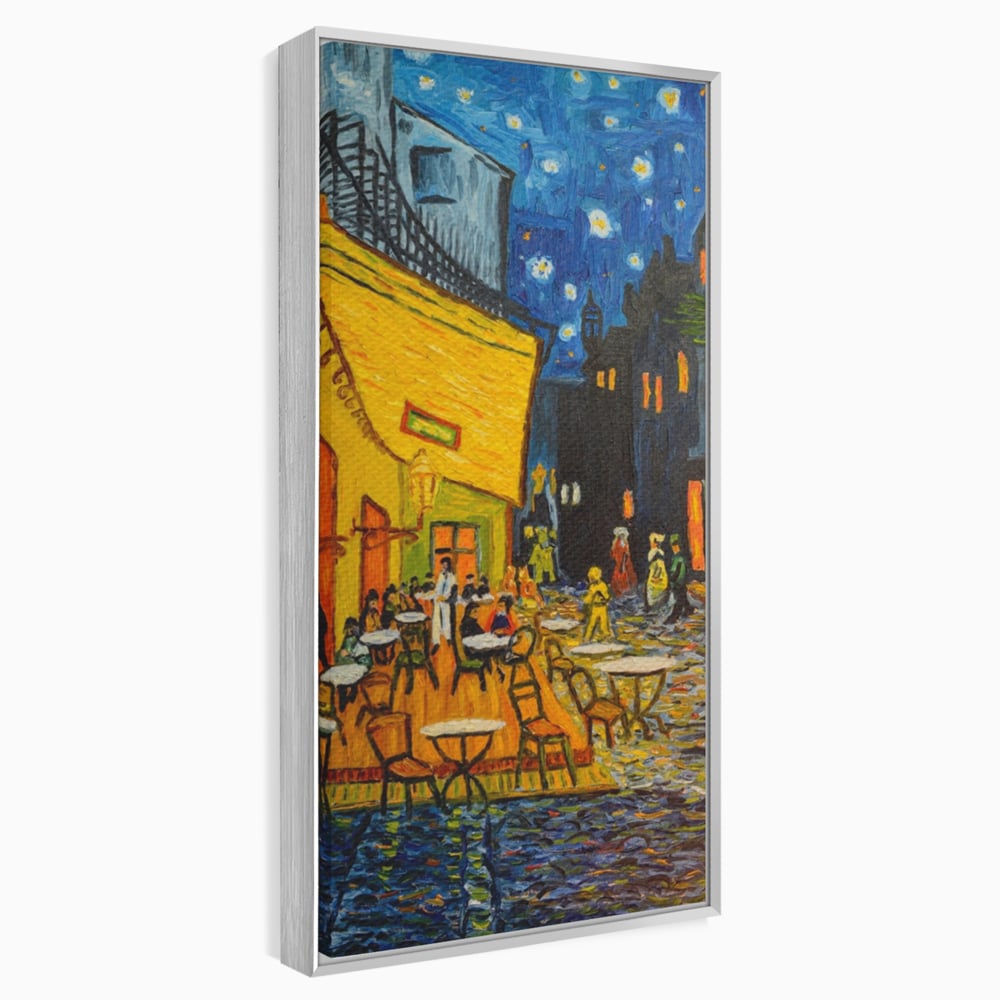 Tablou canvas cu tablou canvas cu terasa unei cafenele noaptea, in rama de aluminiu argintiu